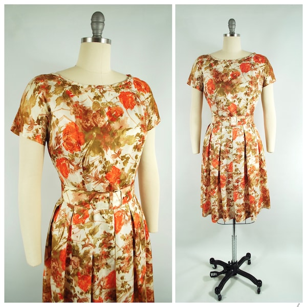 1960s Floral Party Dress / 27 Waist / Orange Brown Green Ivory Nipped Waist Pleated Skirt Early 60s