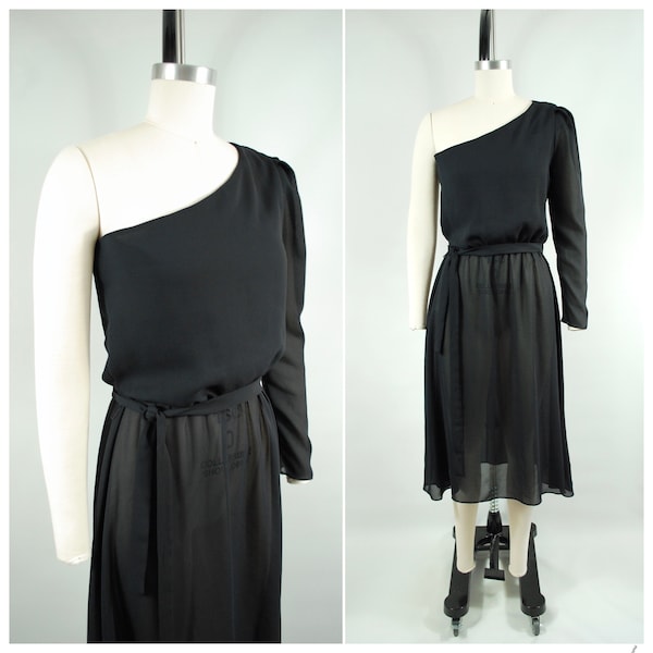 1970s Black Disco One Shoulder Cocktail Dress / 34 - 36 bust / by Cactus NYC Early 1980s Evening Formal Dancing