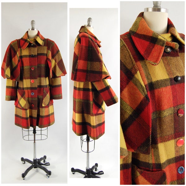 1970s Rainbow Plaid Coat / 38 - 40 Bust Medium / Cape Back Wool Coat Late 1960s Early 1970s Juli De Roma Red Yellow Black Brown Winter Coat