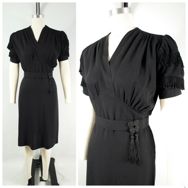 Early 1940s Fringe Dress WWII era Black Rayon 1940s Dress 40s Dinner Dress 1940s Cocktail Dress Mid 1940s Evening Dress Film Noir