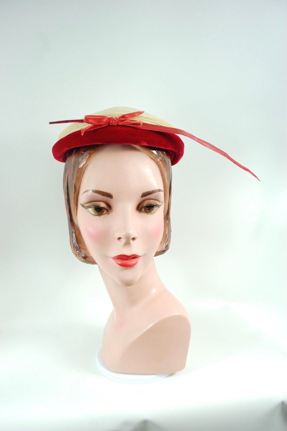 1950s Natural Straw Hat with Red Velvet Accents an