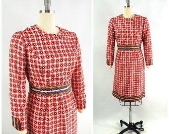 29 Waist / 1970s Geometric Print Dress Tomato Red Blue and White Early 1970s Casual Day Wear