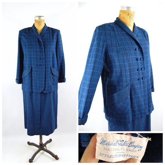 50s Blue Maternity Suit / 40 bust Adjustable Waist