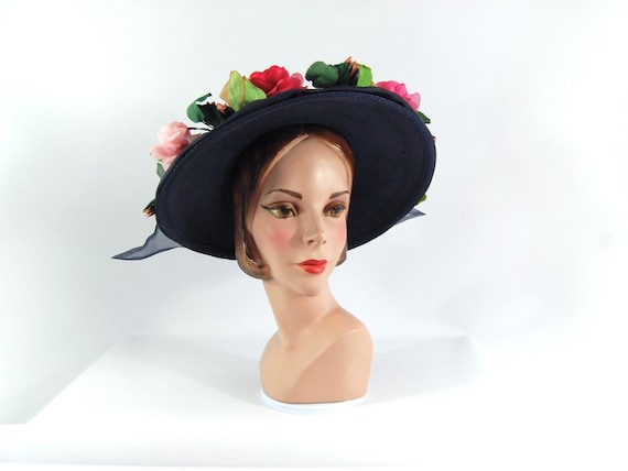 Early 1960s Navy Straw Floral Hat - Wide Brimmed P