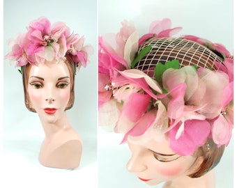 Early 1960s Pink Flower Hat / Floral Headpiece Pink White Green Millinery Flowers Spring Summer 1960s