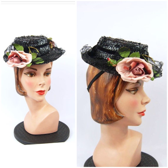 Late 1930s Spring Hat Black Toy Hat Straw Hat Mar… - image 1