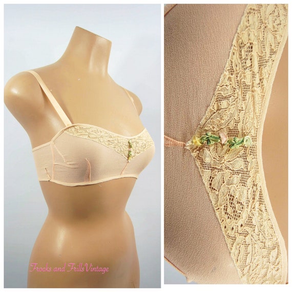 20s 30s Pink Crepe Bra / 32 34 / Silk Ribbon Stra