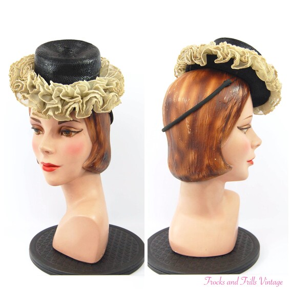Early 40s Black Straw Toy Hat / Black and Ivory Ti