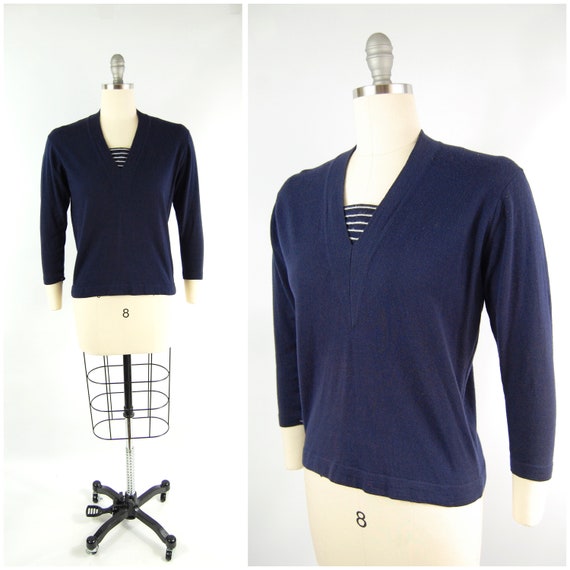 1950s Navy Blue Sweater / size 38 / Blue White Str