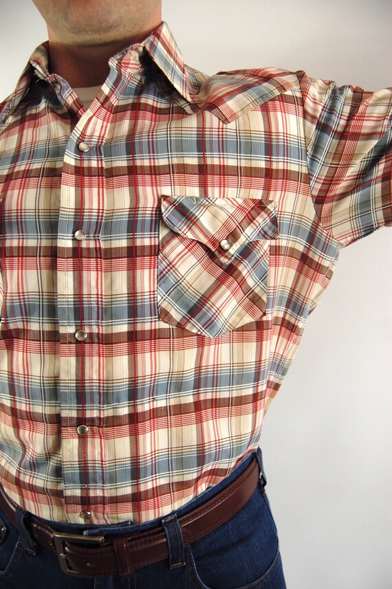 1970s Karman Mens Plaid Western Shirt / Large / P… - image 7