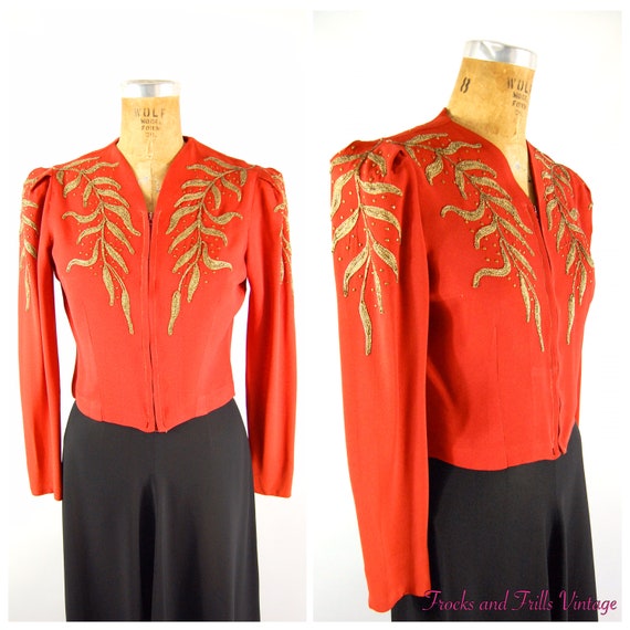 40s Tomato Red Soutache Jacket - Zip Front 40s Blo