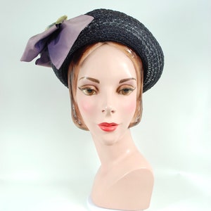 Late 1940s Straw Floral Hat / Face Framing Wide Brimmed 40s Straw Bonnet Summer Blue Indigo Purple Lavender Flowers image 10
