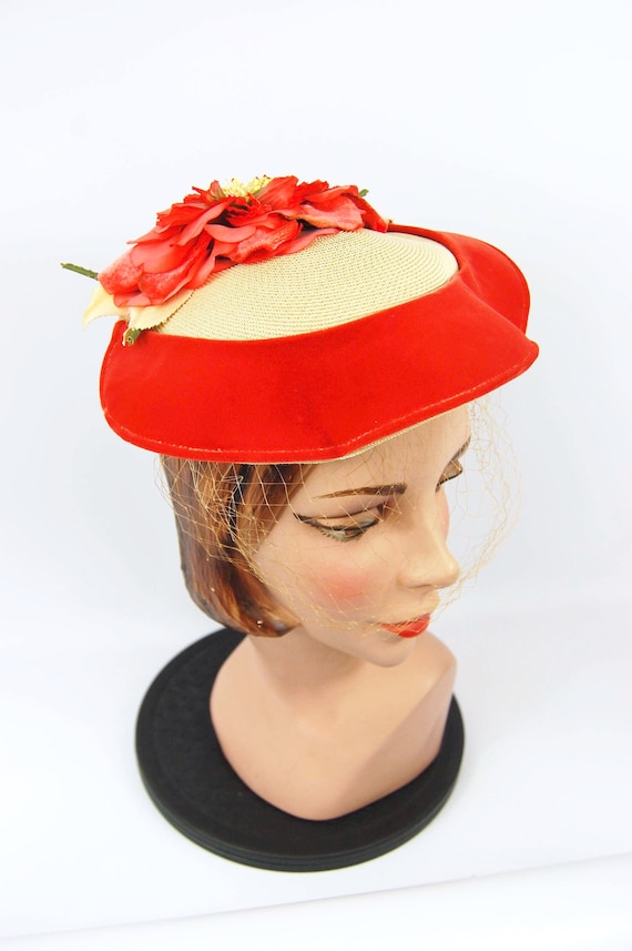 50s Orange Floral Straw Hat - 50s Straw Bonnet by