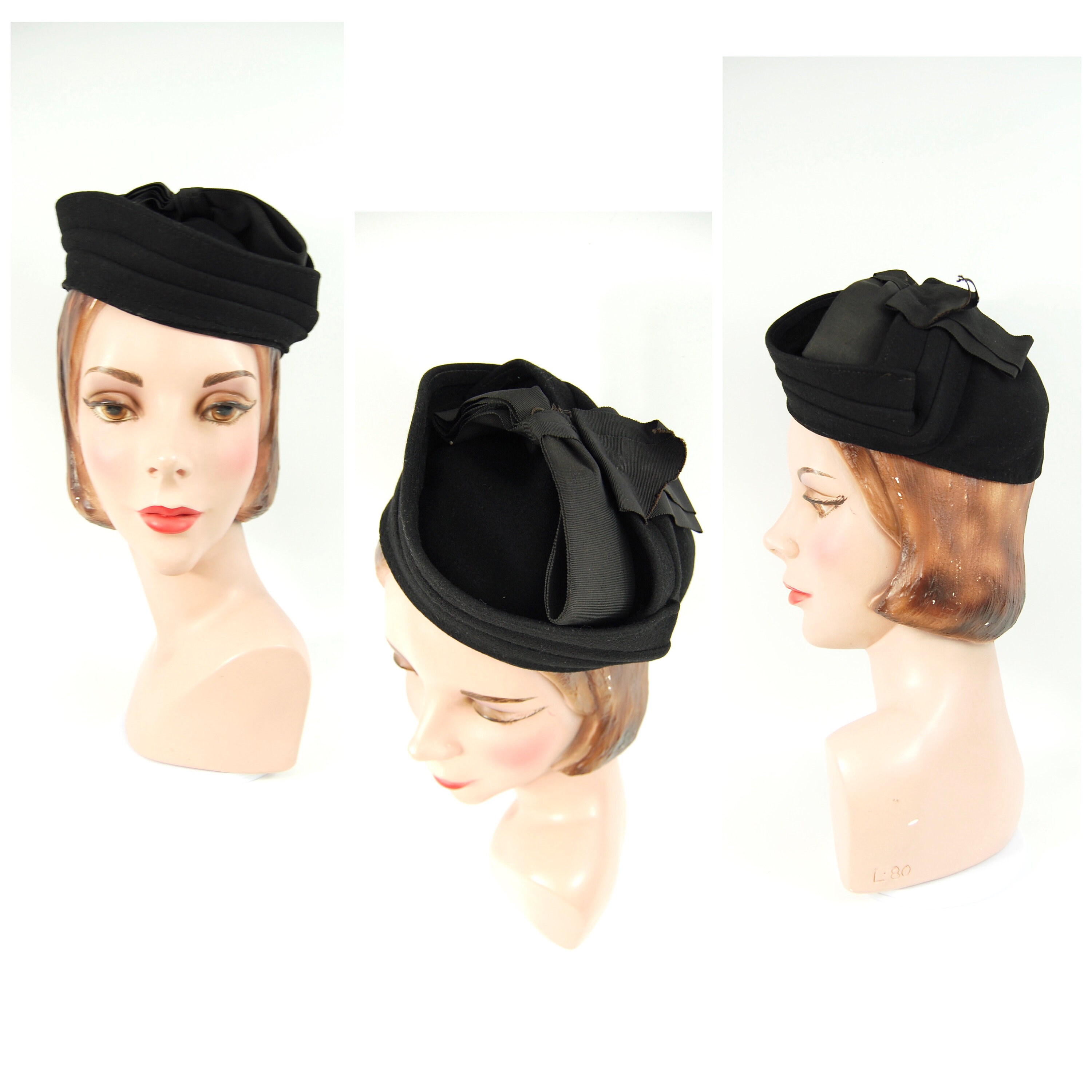 1940s Black Felt Hat / Jaunty Military 
