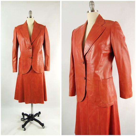 70s Leather Jacket and Skirt Set / 30 Waist / Hors