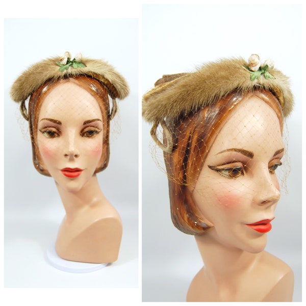 1950s Light Brown Mink Hat Winter Veiled Fur Trimmed Half Hat Holiday Brimless