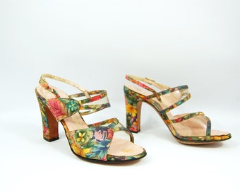 1950s Floral Print Slingback Heels, Tropical Silk Pumps Size 4.5