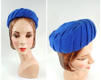 1960s Blue Pillbox Hat / Wool Jersey Bright Blue Primary Blue Late 1950s Early 1960s Pleated Fabric hat