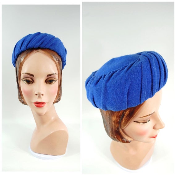 1960s Blue Pillbox Hat / Wool Jersey Bright Blue … - image 1