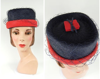 1960s Straw pillbox Hat Roberta Bernays Original / 60s Navy Blue Red Straw  Spring Summer