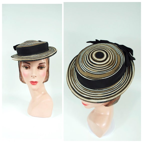 1950s Striped Ladies Hat Small Brimmed Brown Black and White  display picture 2