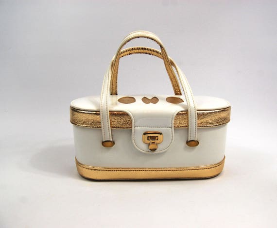 60s Mod Box Handbag / White Vinyl Glitter and Gold