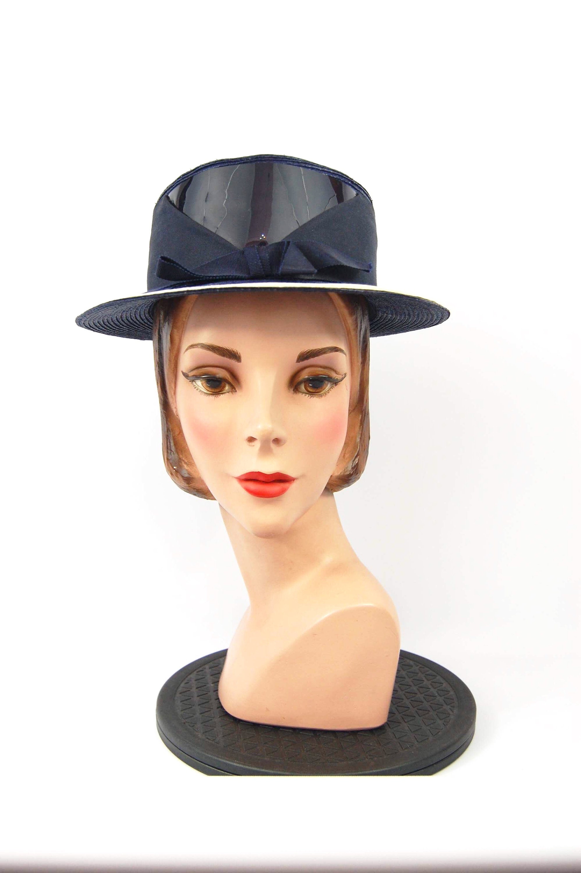 1960s Navy Blue Straw and Vinyl Hat Flat Crown Wide Brim Ladies Boater Early 1960s Spring