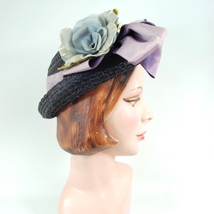 Late 1940s Straw Floral Hat / Face Framing Wide Brimmed 40s Straw Bonnet Summer Blue Indigo Purple Lavender Flowers image 9