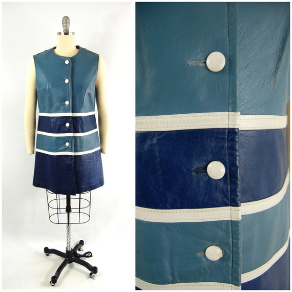 60s 70s Long Mod Leather Vest // 38 Bust // Blue a