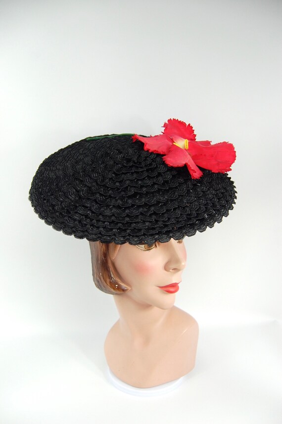1950s Saucer Hat - Black Straw Platter Hat - Jaunt