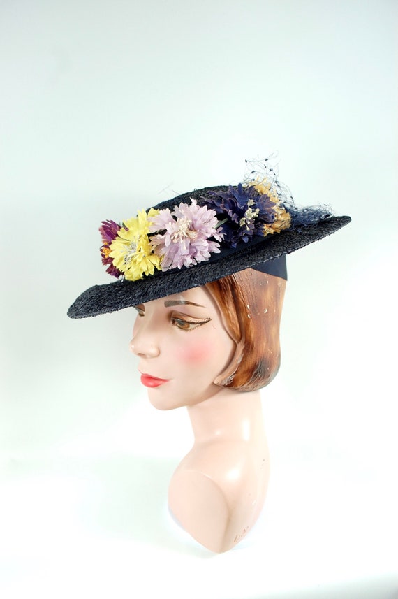 1930s Navy Floral Saucer Hat / Tilted Jaunty Spri… - image 6