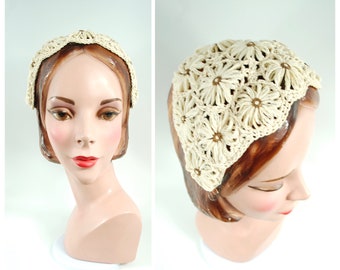 1940s 1950s Crocheted Raffia Straw Floral Half Hat - Headband Hat 40s Spring Summer Cap Ivory off white and Brown