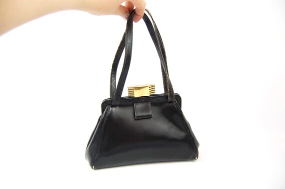 1940s Black Leather Handbag / 40s Art DecoPurse Sm