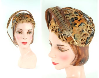 1950s Pheasant Feather Hat Pillbox Feathered Brimless Early 1960s MadCaps