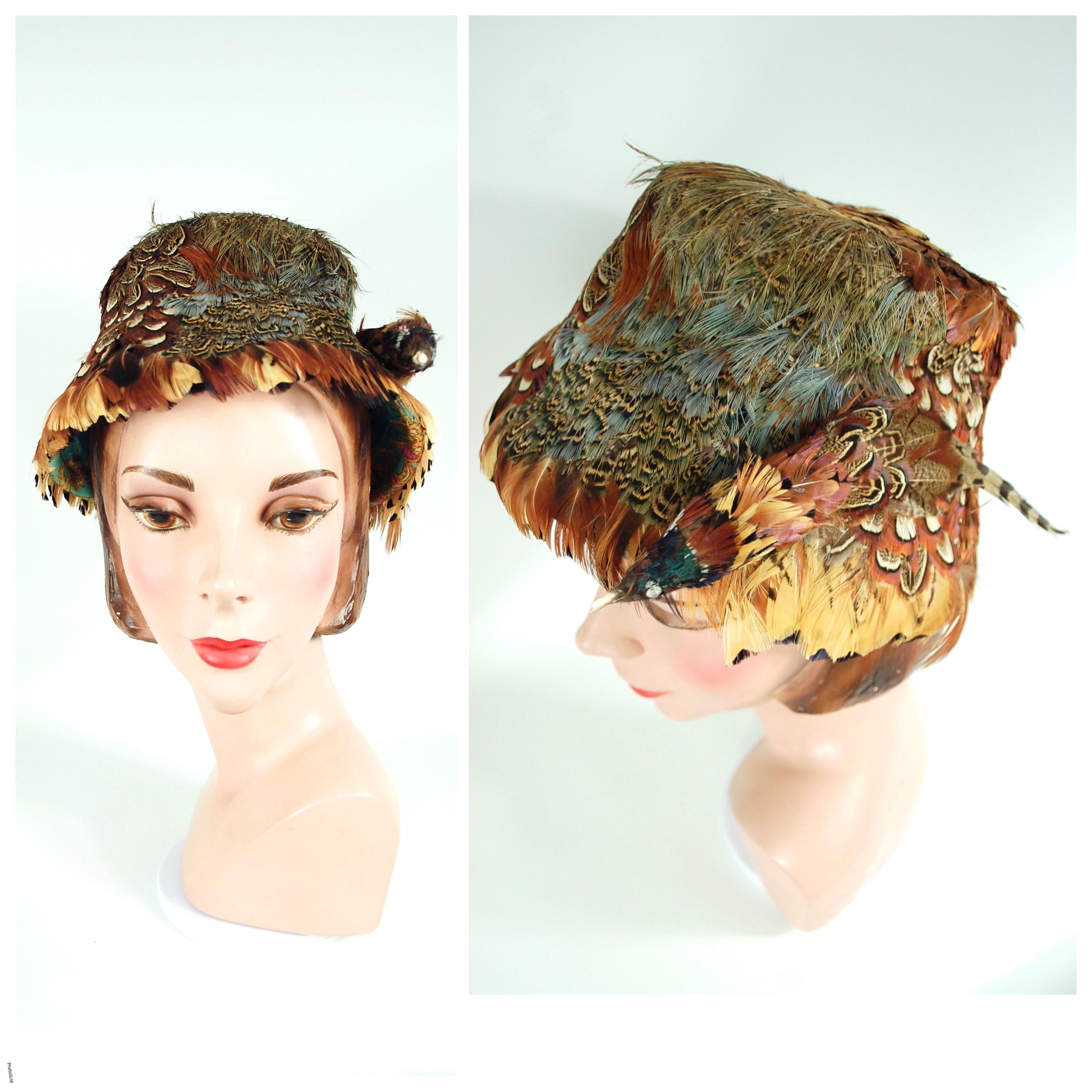 1960\'s Posh Green Vintage Hat w/ Pheasant Feathers - OS Peacock & Brown Pheasant Feathers for German Oktoberfest  main image 2