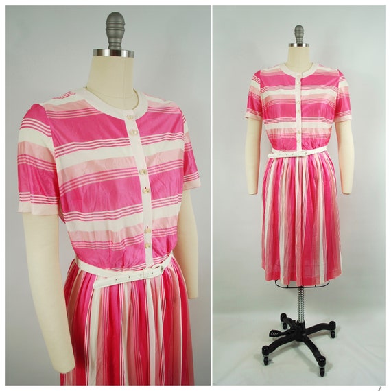 Mid 1960s Day Dress / 28 - 29 waist / Pink White … - image 1