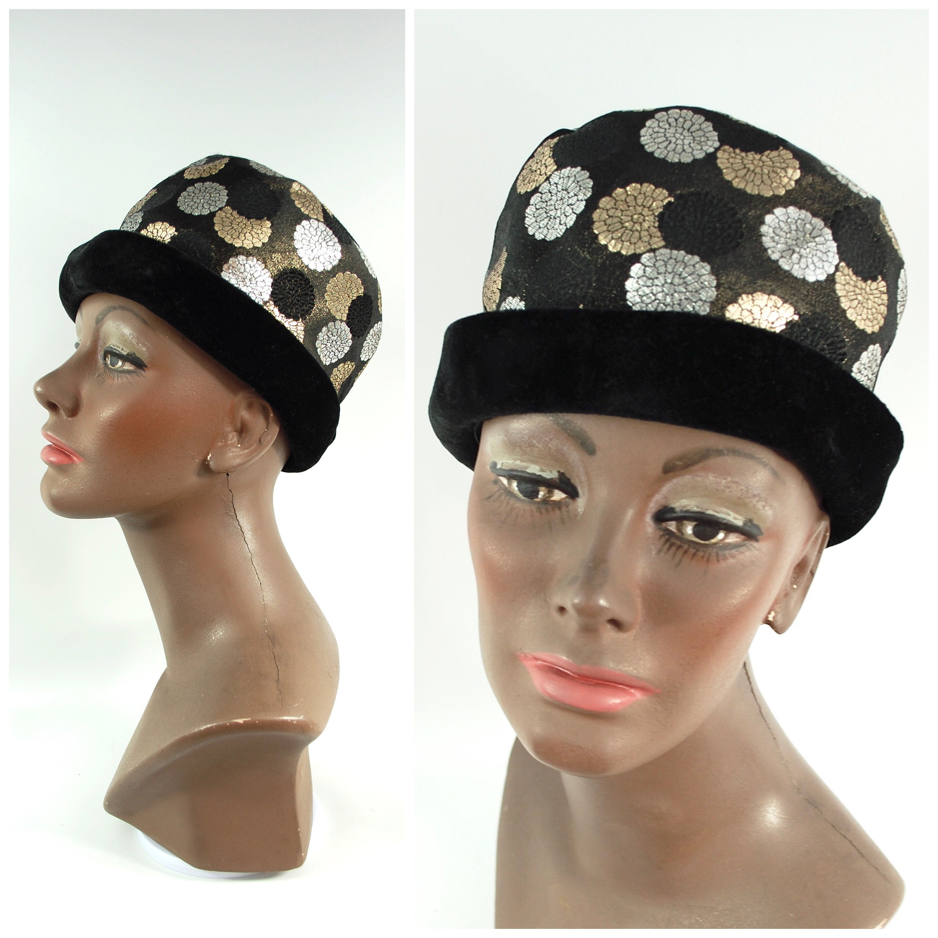Vtg Gold Lame Black Velvet Sculptural Beehive Hat 40s Black Velvet Wide Brim Hat With Crocheted Crown – Better  main image 2
