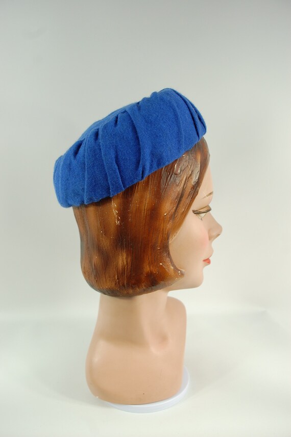 1960s Blue Pillbox Hat / Wool Jersey Bright Blue … - image 6