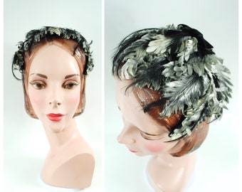 1950s Gray and Black Half Hat / Leaves and Feathers Brimless Small Hat