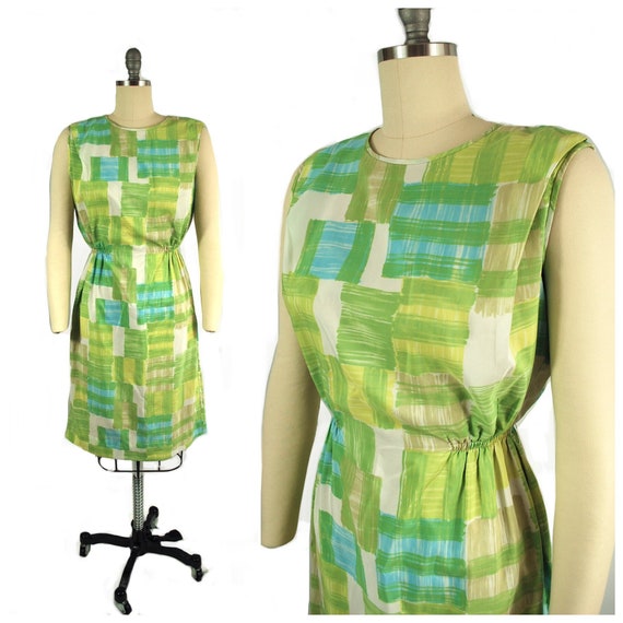 Early 1960s Colorblock Day Dress / 26 - 32 Elasti… - image 1