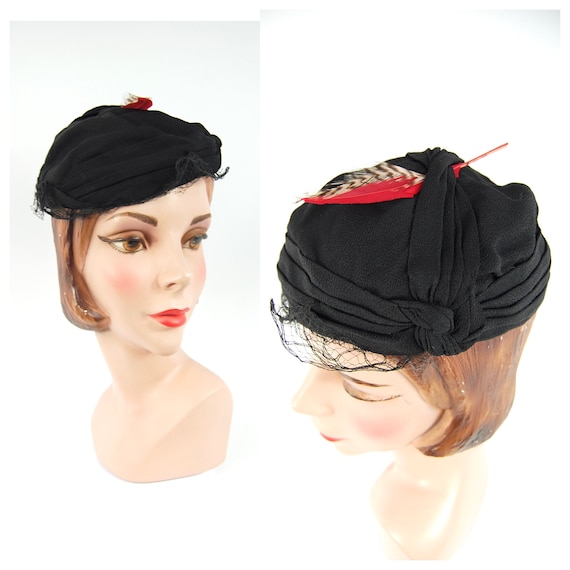 1930s Black and Red Crepe Hat - Black 30s Cap // R