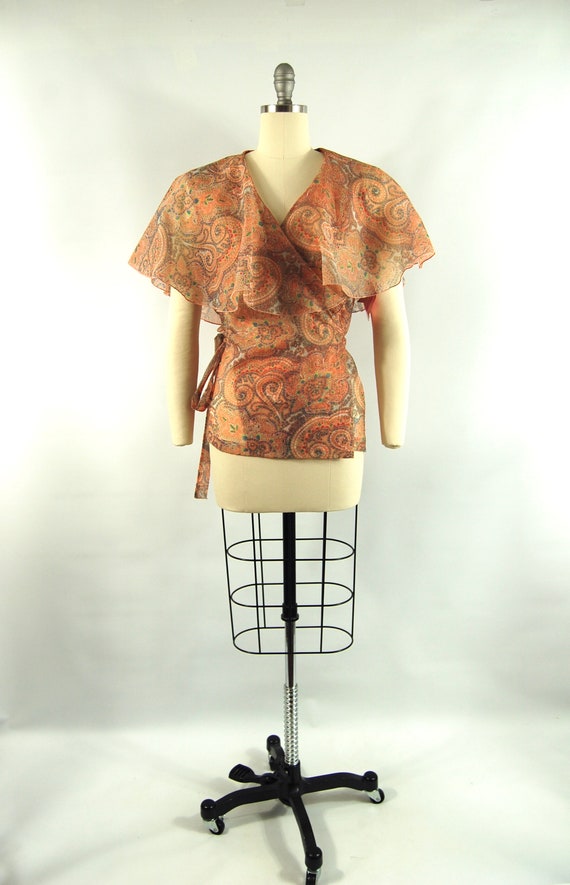 Early 1970s Sheer Paisley Wrap Top / Small / 70s … - image 7