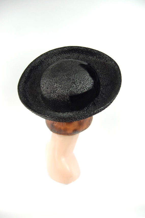 1960s Wide Brimmed Hat / Black Straw Upturned Bri… - image 2