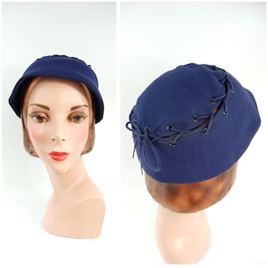1950s Navy Rayon Hat - Summer 50s Cap - Eyelet Lacing - Small Brimmed Beach Hat Travel Hat