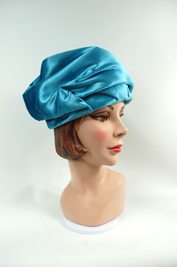1960s Turquoise Velvet Turban Hat / Turquoise Blu… - image 6