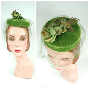 1960s Green and Gold Rose Veiled Hat Fascinator Vintage Pillbox Hat late 1950s Early 60s