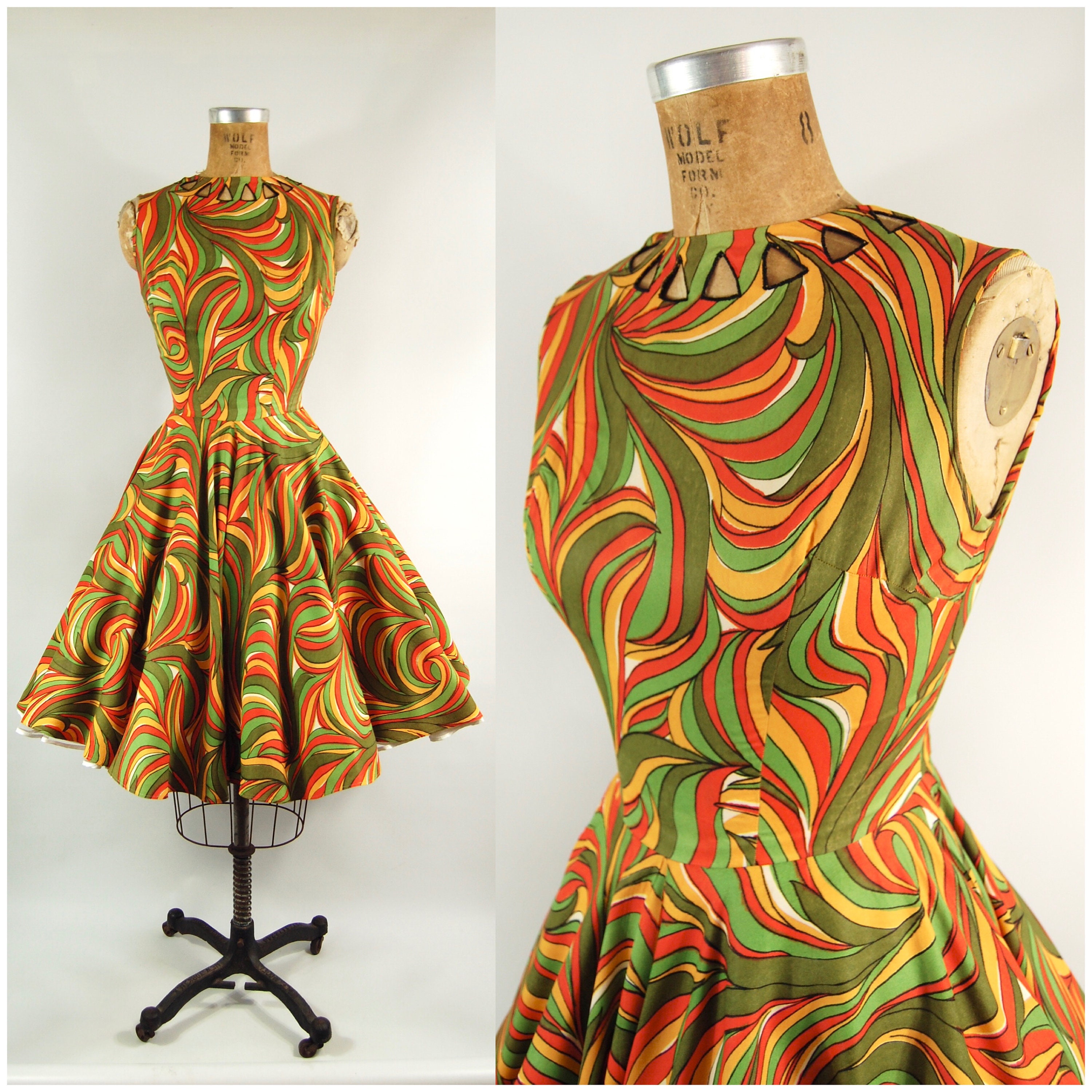 Early 1960s Psychedelic Dress 24 Waist Extra Full Skirt Etsy