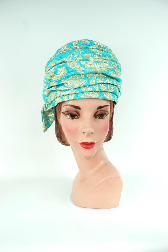 1960s Turquoise and Gold Brocade Turban Hat by Marshall  display picture 2