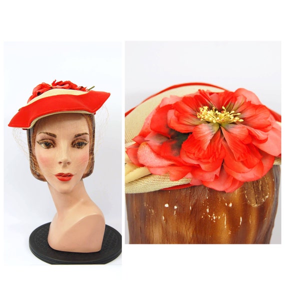 50s Orange Floral Straw Hat - 50s Straw Bonnet by