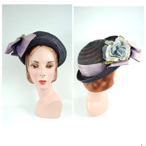Late 1940s Straw Floral Hat / Face Framing Wide Brimmed 40s Straw Bonnet Summer Blue Indigo Purple Lavender Flowers image 1
